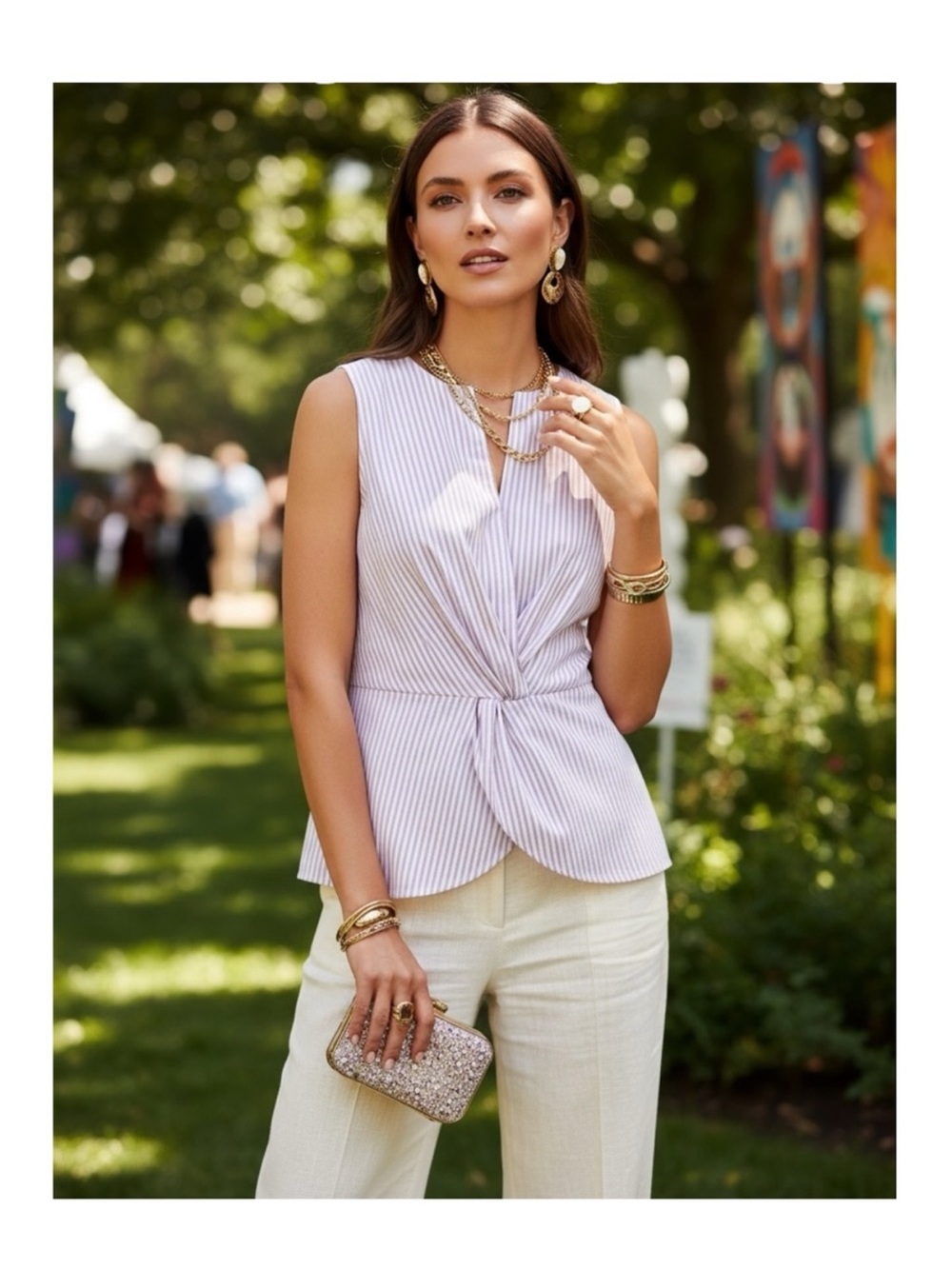 new St John ❉ Pinstripe Twist Front Peplum Top ❉ Orchid Stripe Chain Detail ❉ M - Picture 1 of 16